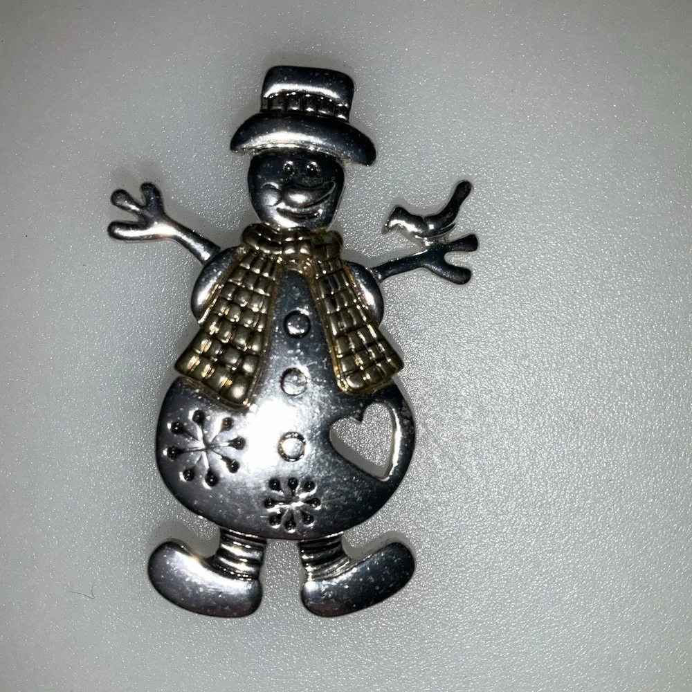 Vintage Snowman Pin Brooch Silver & Gold Tones Christmas Winter 2